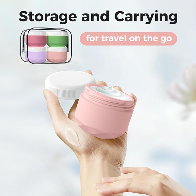 Travel Containers for Toiletries, 4-Pack TSA Approved Silicone Jars (1.7oz) - BPA Free Leakproof Cosmetic Containers for Creams, Lotion, Skincare & Makeup with Bonus Waterproof Bag