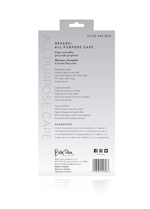 Betty Dain Reversi Reversible Coloring/Styling Cape, Two-Sided Cape, Black Side Has Chemical Proof Finish for Processing, Snap Closure at Neck, 50 x 60 Inches, Rose