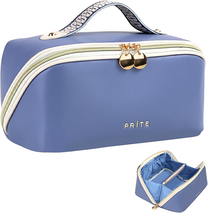 Prite Makeup Bag for Women Travel Waterproof Vegan Leather Cosmetic Bag Open Flat Toiletry Bag With Clear Divider and Handle (Blue)