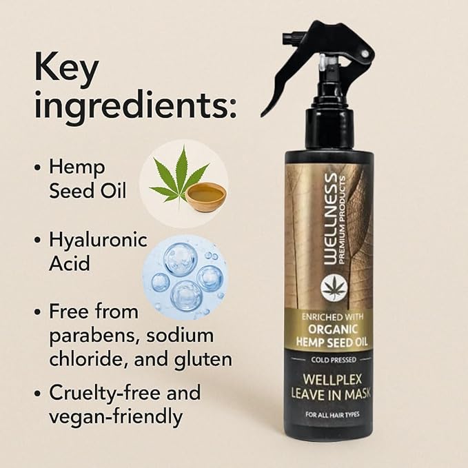 Wellness Premium Product Wellplex Hemp-Infused Leave-In Mask Spray for Damage Control | Enriched with organic cold-pressed hemp seed oil