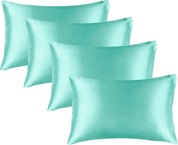 BEDELITE Satin Pillowcase for Hair and Skin, Super Soft Similar to Silk Pillow Cases 4 Pack with Envelope Closure, Cooling Pillowcases for Women Men (20"x26" Standard Size, Turquoise)