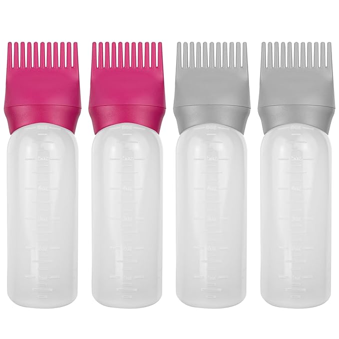 4 Pack Root Comb Applicator Bottle, Hair Oil Applicator, Oil Comb Applicator Bottle for Hair Dye Shampoos Hair Salons (Red+Grey)