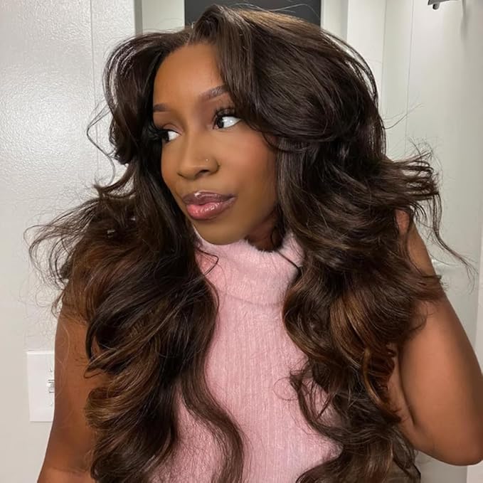 YIROO Bye Bye Knots Glueless Wig Highlight Ombre Chestnut Brown Loose Wave Lace Front Wig Pre Plucked Pre Bleached Pre Cut 7x5 HD Lace Closure Wig Put on and Go Ready to Wear Wig 150% Density 26inch