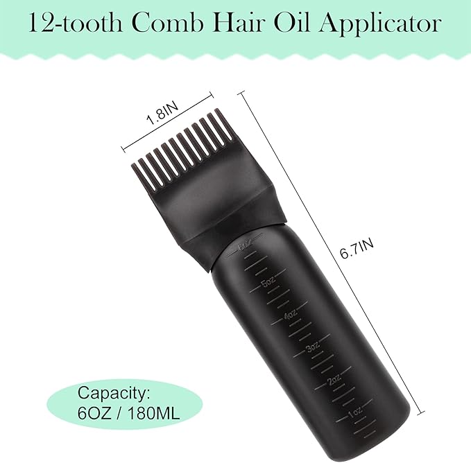 Cosywell Root Comb Applicator Bottle 6 Ounce 3 Pack Hair Oil Applicator Brush for Hair Root Comb Color with Graduated Scale (Black Pink Green)