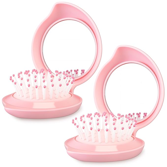 Boao 2 Pack Foldable Travel Mirror Hair Brushes Round Portable Folding Pocket Hair Brush Mini Comb Compact Travel Size Massage Comb for Men Women (Pink,Mango)