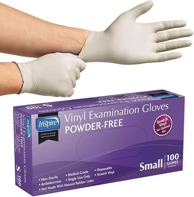 Inspire Medical Exam Gloves | Powder Free Stretch Vinyl Gloves | Disposable Latex Free Gloves | Disposable Food Safe Food Prep Cooking Gloves