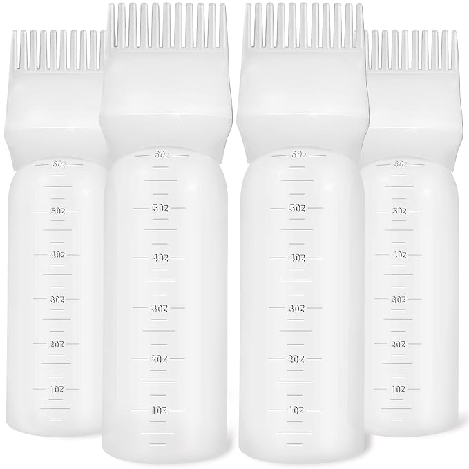 4Pcs Root Comb Applicator Bottle, 6 Ounce Hair Dye Bottles with Comb and Graduated Scale Plastic Hair Oil Brush for Hair Care and Color, White