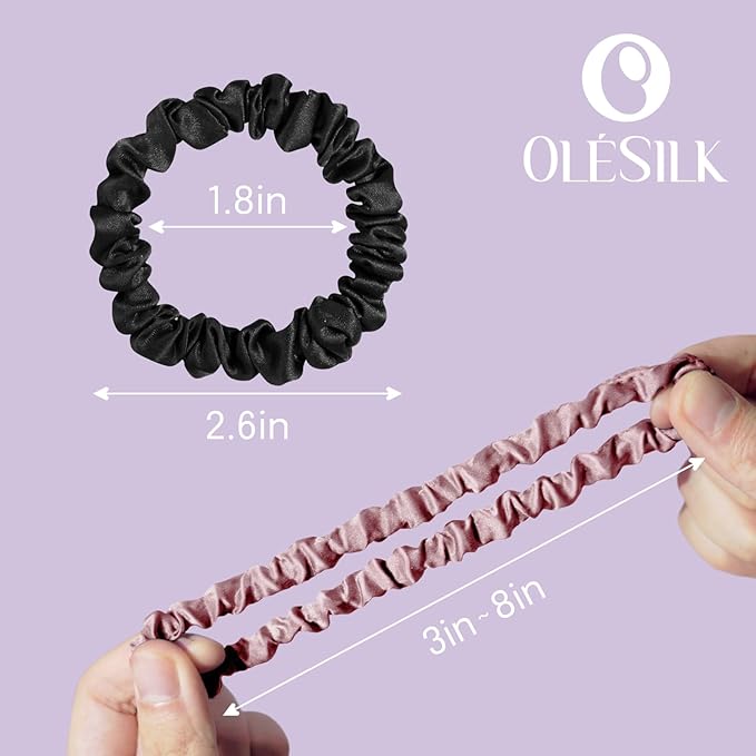 OLESILK Silk Hair Ties for Women: 100% Mulberry Skinny Silk Scrunchies, Soft Smooth No Damage No Crease for Thin Fine Curly Hair 5 Pack, Dark