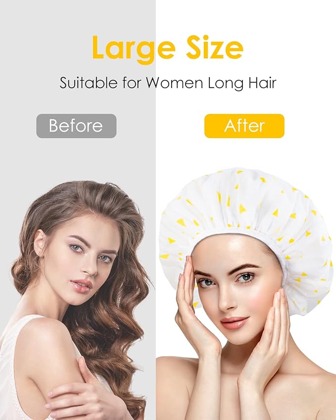 Auban Shower Cap, Shower Cap for Women Terry Cloth Lined EVA Exterior Reusable Double Layer Waterproof, Large Bath Hair Cap for All Hair Lengths (Yellow)