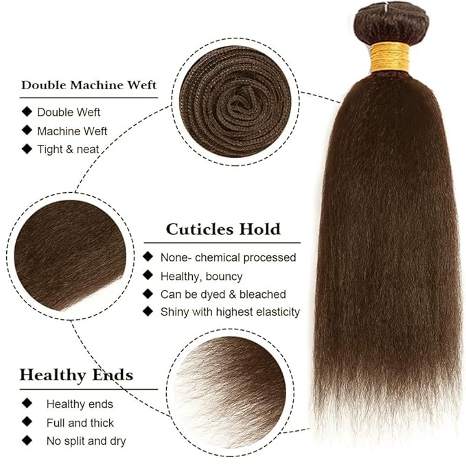 Brown Human Hair Bundle Color 4 Yaki Straight Bundles Niegmeag Brazilian Virgin Remy Hair 3 Bundles 14 16 18 Inch Double Weft Dark Brown Yaki Bundle Hair Weave