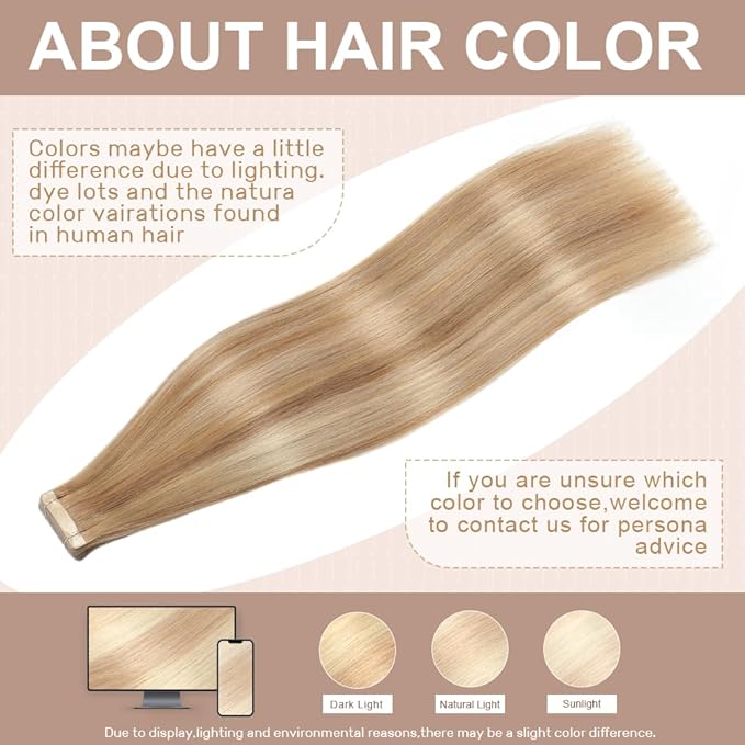Middle Brown to Dark Blonde Tape in Hair Extensions Human Hair,14 Inch Human Hair Tape in Extensions 20Pcs Tape Ins Human Hair Extensions for Women Seamless Tape in Hair Extensions Real Human Hair
