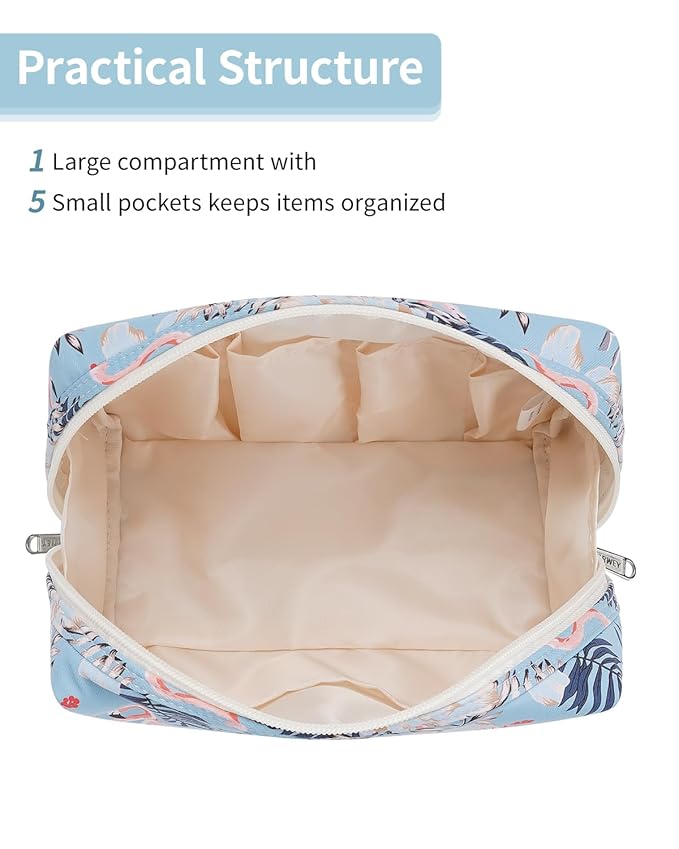 Narwey Cute Makeup Bag Travel Cosmetic Bag Organizer Toiletry Bag Make Up Bags with Compartments for Women Girls (Large, Aqua Flamingo)