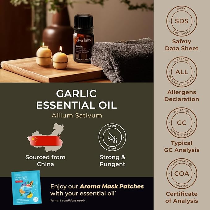 Gya Labs Garlic Essential Oil - 0.34 Fl Oz - for Hair, Skin, Diffuser, Aromatherapy & DIY Candle Making Scent