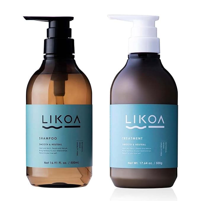 LIKOA, Smooth and Neutral Shampoo and Treatment Set, Vegan, Halal, Lightweight Moisture for Fine, Dry, or Tangle-Prone Hair, Botanical Hair Care, White Floral Scent, Made in Japan, 16.9/17.64 Fl oz