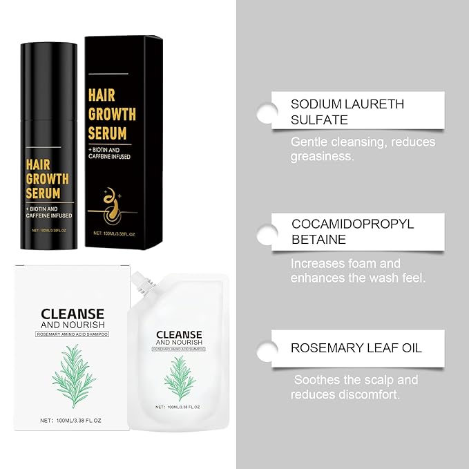 Rosemary Amino Acid Shampoo 1 Pack + Hair Growth Spray Serum Oil 3.38 Fl Oz for Thinning Hair Women Men, Controls Oily Scalp, Strengthens Hair with Zinc PCA, Hydrolyzed Silk