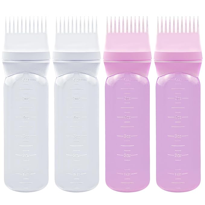 ELANE 4 Pcs Root Comb Applicator Bottle 6oz,Hair Oil Applicator Bottle for Hair,Oil Comb Applicator Hair Bottle Applicator for Hair Dye Shampoos Hair Salons Camping Traveling(white+pink)