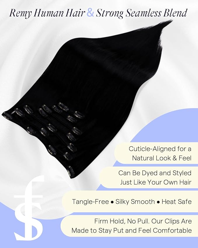 Full Shine Jet Black Clip in Hair Extensions Human Hair 180 G 20 Inch Clip in Black Hair Extensions for Professionals 7 Pcs