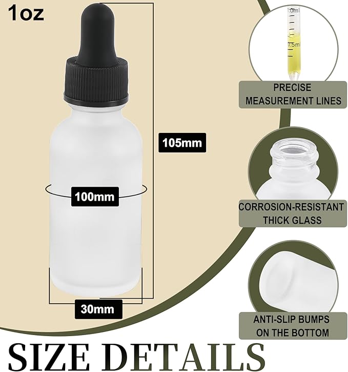 24 Pack,1oz Glass Dropper Bottle, Clear Frosted Tincture Bottles with Dropper, Pretty Finish for All Kinds of Liquids,Oil Bottles for Hair- Stronger Suction ideal for Leakproof Travel