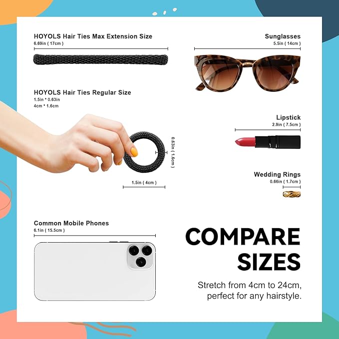 HOYOLS Black Seamless Hair Ties for Thick Hair, No Damage Ponytail Holders Elastics Scrunchies for Women Girls (Black)
