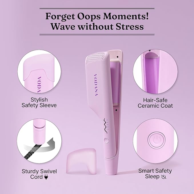 VODANA Professional Triple Flow Ceramic Hair Waver - Easy Beach Waves with Embedded Double Barrel Wave Iron. Experience Instant Heat, Long-Lasting Performance, and Quick Heat Up. (1.25 inch, Lavender)