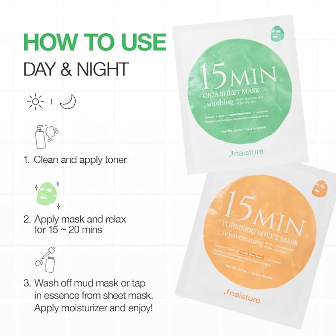 15 Min Rescue Me Kit by Naisture – Korean Spa and Skincare Kit for Women with Cica, Turmeric, and Tea Tree Sheet Masks, Eye Mask, Calendula Cucumber Mask, and Charcoal Mint Mud Mask for Redness Repair