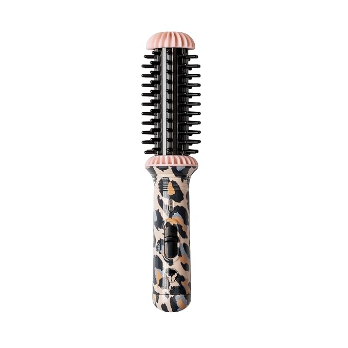 CALISTA GoGo Mini Heated Round Brush | Curl, Touch-Up, De-Frizz, Smooth, and Style Hair with Mini 7” Styling Tool | Heats to 365°F | Perfect Travel Tool | Dual Voltage (Cheetah)