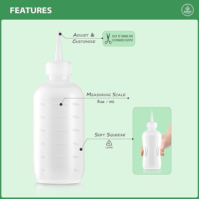 6-Ounce Applicator Bottles for Hair Color, Squeeze Bottle with Measuring Scale, Scalp Oil Perm Treatment, Translucent (Pack of 2)