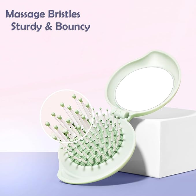 Travel Hair Brush and Mirror Como, Compact Mirror with Mini Hair Brush Set, Folding Hairbrush for Women, Small Hair Comb with Mirror for Purse, Round Green 1 Pack and Peach Green 1 Pack