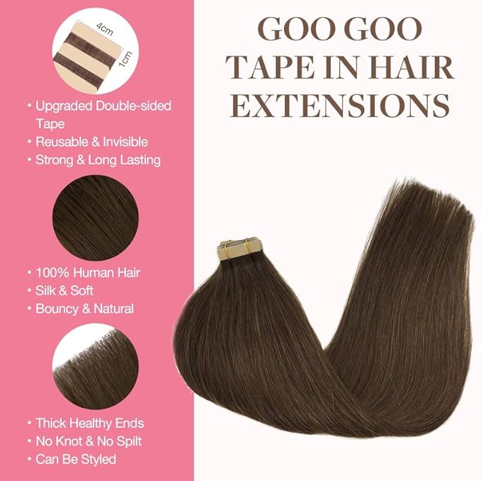 GOO GOO Tape in Hair Extensions Human Hair, 4A Chocolate Brown, 14inch 25g 10pcs, Skin Weft Seamless Invisible, Silky Straight with Thick Ends, Remy Human Hair
