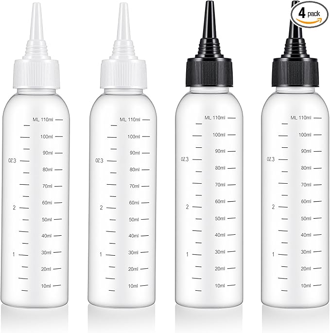 4 Pcs Hair Bottle Applicator,Plastic Hair Color Bottle,Hairs Dye Bottles with Clear Graduated Scale Twist-On Top Tip Cap, for Scalp Root Dye Container(2 color)