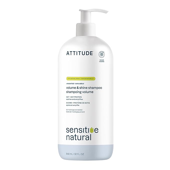 ATTITUDE Hair Shampoo for Sensitive Dry Scalp, EWG Verified, Soothing Oat, For Thin Hair, Naturally Derived Ingredients, Vegan and Plant-Based, Volume and Shine, Unscented, 32 Fl Oz