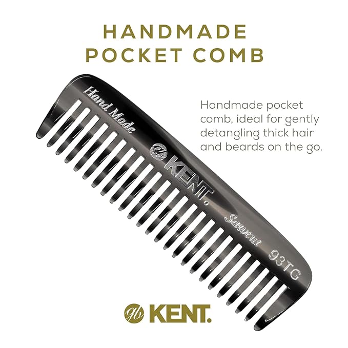 Kent 93T Black Graphite Wide Tooth Men's Comb, for Mustache and Beard ideal for Facial Hair, Small Pocket Sized Travel Detangler Comb, Saw-Cut Hand polished Made in England