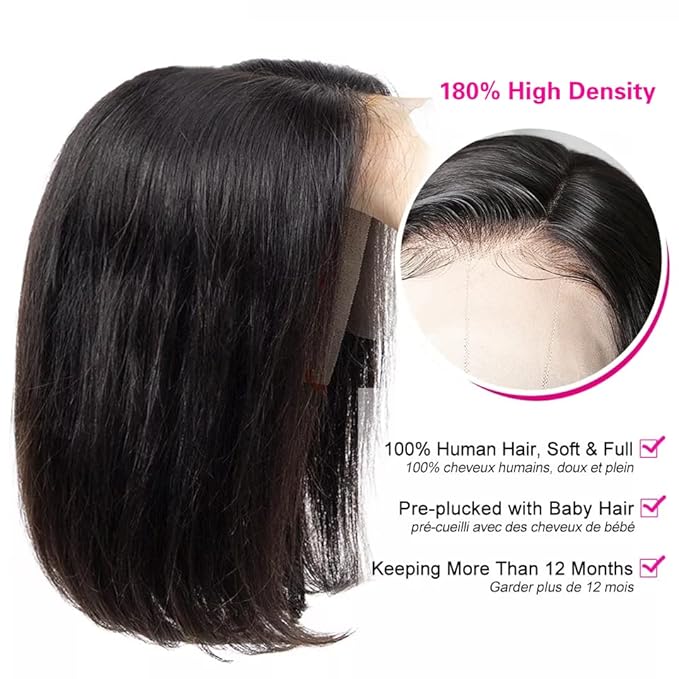 Bob Wig Human Hair 13x4 Lace Front Wigs Human Hair Pre Plucked with Baby Hair 180% Density Short Bob Wigs for Women Straight Bob Frontal Wigs for Women Natural Black (12inch,Short Wigs)