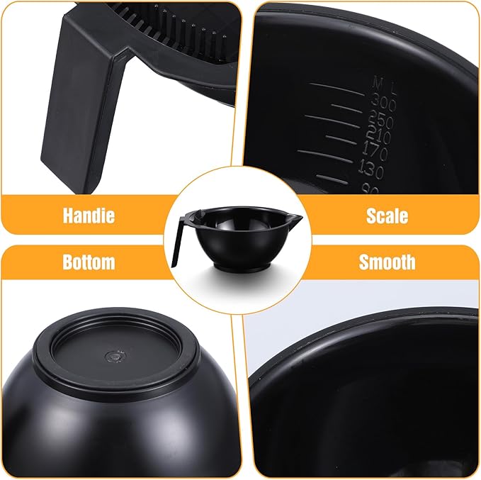 Hair Dye Bowl Set - 6 Black Hair Color Mixing Bowls with Measurements, Pour Spout, Handle & Combed Edge - Reusable Salon Hair Coloring Bowls for Professional or Home Use ﻿