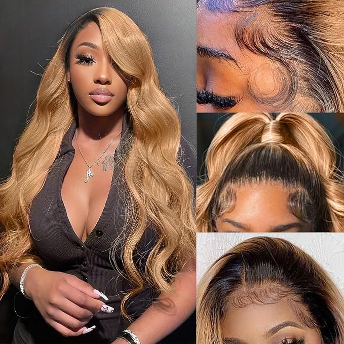 AMIRTY 200% density 13x6 Honey Blonde Lace Front Wigs Human Hair 13x6 Body Wave Lace Front Wigs Human Hair for Women Ombre HD Transparent Lace Frontal Wig Human Hair Pre Plucked with Baby Hair 24inch