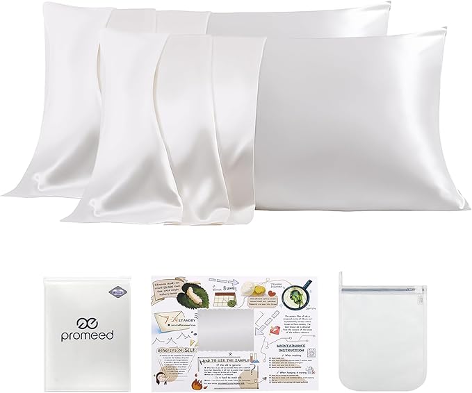 PROMEED White Silk Pillowcase 2 Pack for Hair and Skin, 100% 23 Momme Mulberry Silk Pillow Case Set of 2 with Hidden Zipper, Natural and Acne-Fighting (Queen 20"x30", White)