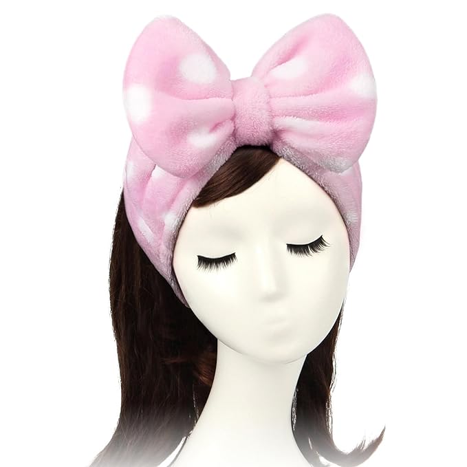 Shintop Women Fashion Lovely Soft Carol Fleece Bowknot Bow Makeup Cosmetic Shower Elastic Hair Band Hairlace Headband (Pink Polka dots)