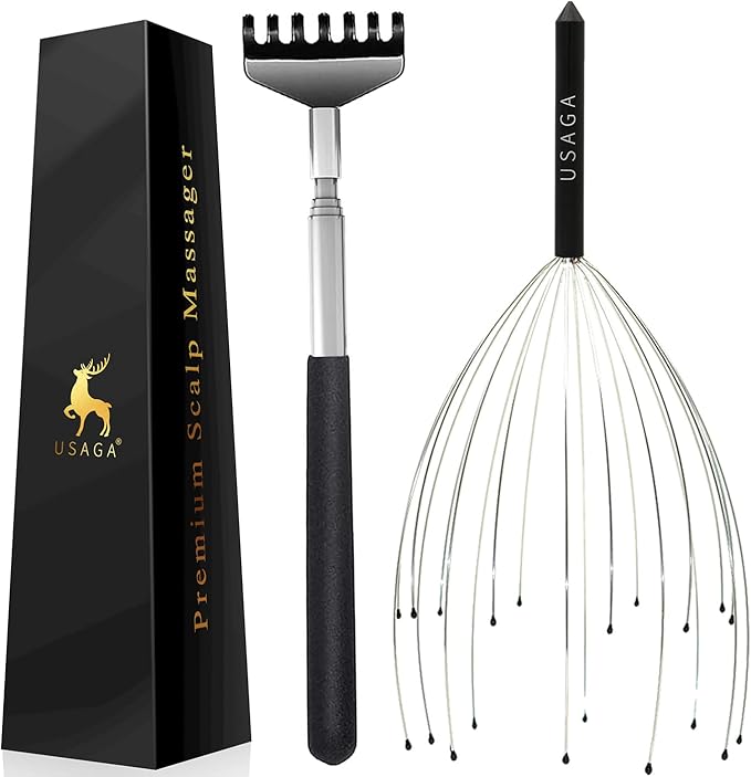 USAGA 20 Fingers Head Massager Scalp Massager Head Scratcher Extendable Back Scratcher, Stocking Stuffers Gift for Scalp Body Relaxing (Black)