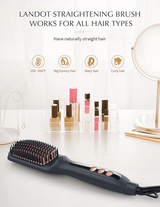 LANDOT Hair Straightener Brush for Thick Curly Hair - Ionic Ceramic Straightening Brush with Dense Bristles & 12 Temp Settings, Dual Voltage, Fast Heating for Frizz-Free Smooth Hair, Black