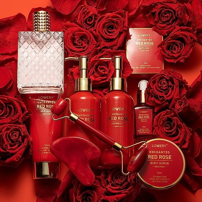 Christmas Gifts, Spa Gifts for Women, Bath and Body Gift Set, Red Rose Gift Basket Relaxation, Pampering, Thank You, Birthday Gifts for Mom Her with Perfume, Jade Roller, Quartz Gua Sha Stone & More
