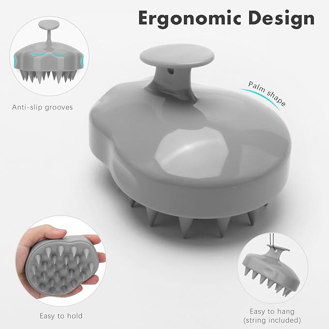 FREATECH Massager Shampoo Brush with Soft Silicone Bristles for Scalp Care, Shower Hair Scalp Scrubber Exfoliator for Dandruff Removal and Hair Growth, Wet & Dry for Men, Women and Kids, Grey
