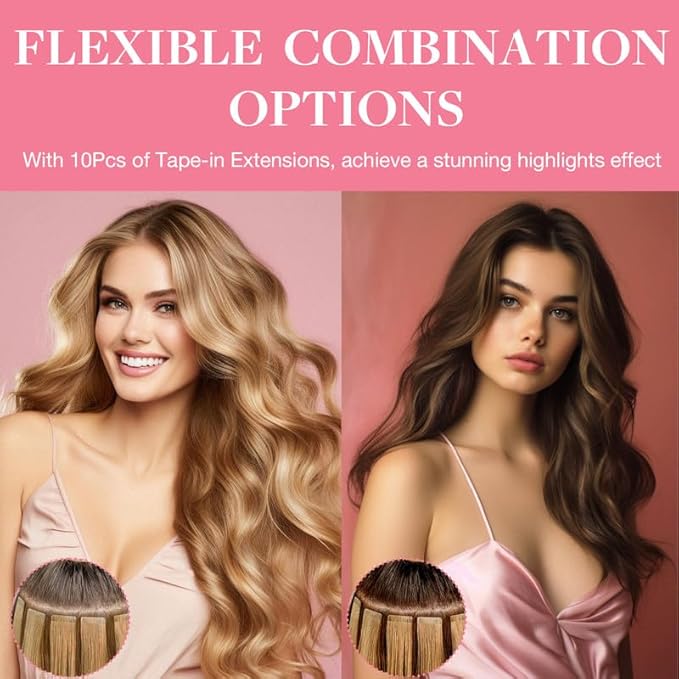 GOO GOO Tape in Hair Extensions Human Hair, 4/26/4 Balayage Chocolate Brown to Honey Blonde, 18inch 25g 10pcs, Skin Weft Seamless Invisible, Silky Straight with Thick Ends, Remy Human Hair