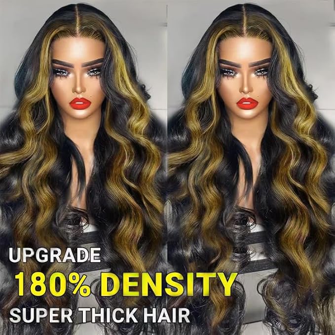 Highlight Ombre 13x6 Body Wave Lace Front Wigs Human Hair 200% Density HD Lace Front Wigs Human Hair Pre Plucked Frontal Wigs for Black Women with 1b/27 Color Hairline (20inch)