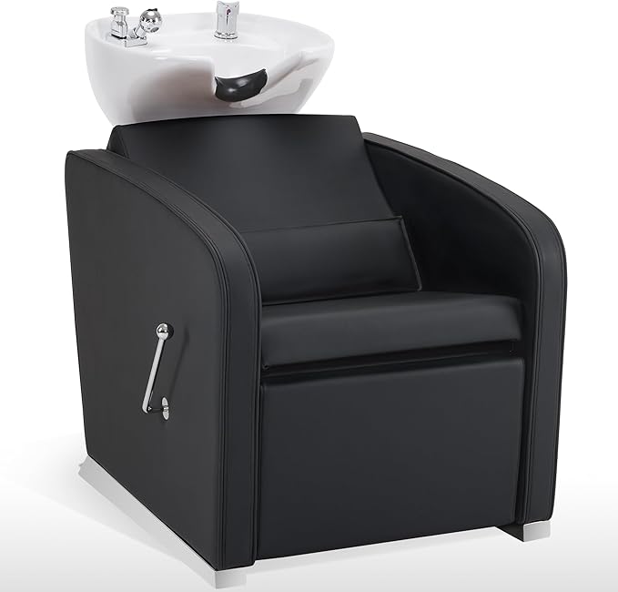 BarberPub Backwash Shampoo Chair and Bowl Set, Adjustable Porcelain Ceramic Hair Wash Bowl Sink Unit, Shampoo Station Chair for Spa Beauty Salon Hair Salon Equipment 9370 (Black&White Bowl)