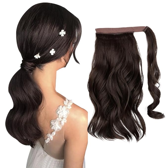 CJL HAIR 14" Short Ponytail Hair Extension Wrap Around Pony Tail Clip in Curly Wavy Synthetic Fake Hairpiece for Women Dark Brown