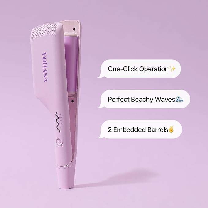 VODANA Professional Triple Flow Ceramic Hair Waver - Easy Beach Waves with Embedded Double Barrel Wave Iron. Experience Instant Heat, Long-Lasting Performance, and Quick Heat Up. (1.25 inch, Lavender)