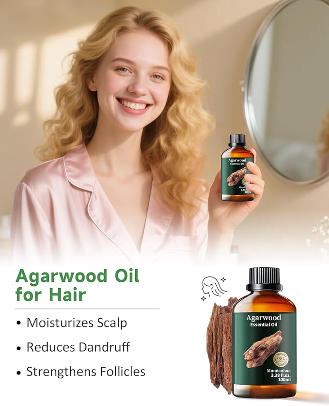 Agarwood Essential Oil, Mumianhua Natural Aromatherapy Agarwood Oil for Aromatherapy, Diffuser, Spray, Skin, Hair Care, Massage, Soap, Candle Making, Perfume 3.38 Fl Oz
