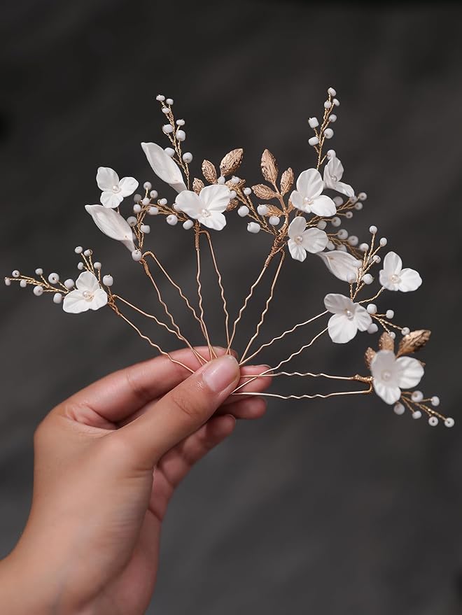 Beads Pearl Hair Pins, 6 Pcs Bridal Handmade White 3D Pinch Flower Fairy Bride Wedding Hair Pieces Leaf U Shaped Hair Accessories Headpiece Bridesmaids Women Girls Gold