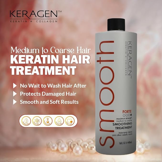 KERAGEN - Brazilian Smoothing Keratin Hair Treatment, Blowout Straightening System for Dry and Damaged Hair - Forte, Sulfate Free - Eliminates Curls and Frizz, Medium to Coarse Hair (16 Oz)