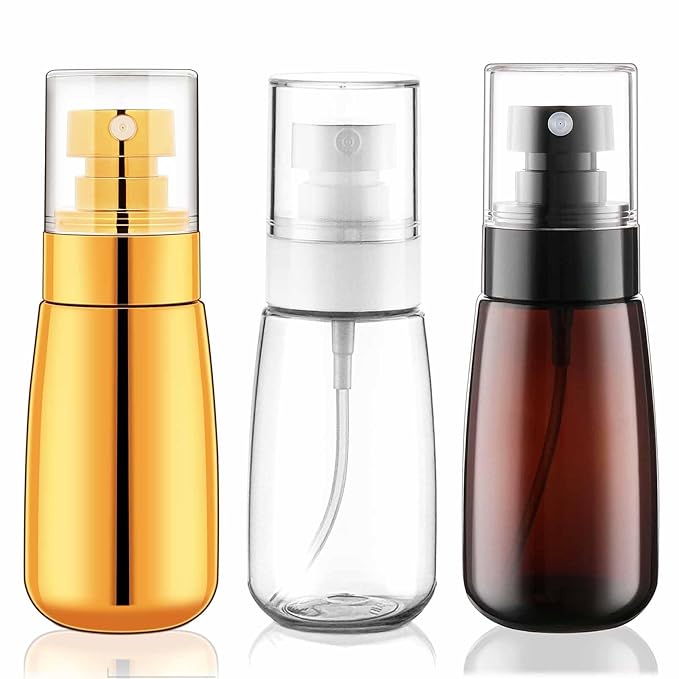 Cosywell Travel Spray Bottle TSA Approved 3 Pack 2oz 60ml Leak Proof Fine Mist Spray Bottle Empty Plastic Refillable Containers for Hair Perfume Toners Rose Water Cosmetics(Brown+Clear+Glod)